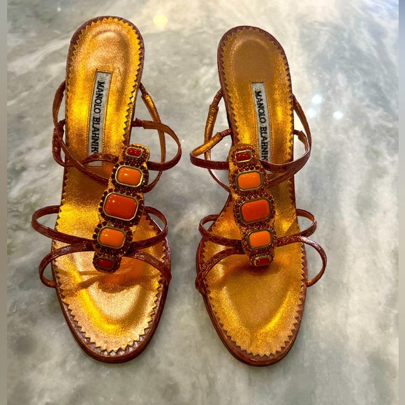 Manolo Blahnik Shoes - Manolo peach metalic snakeskin with jewels. 37